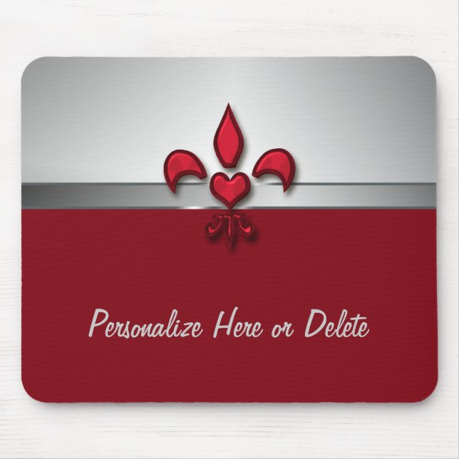 Personalised Red White Grey Fleur de Lis Heart Mouse Mat (Front)
