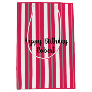 Personalised Red White Grey Stripes Medium Gift Bag