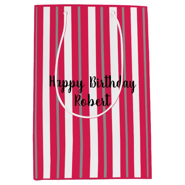 Personalised Red White Grey Stripes  Medium Gift Bag (Front)