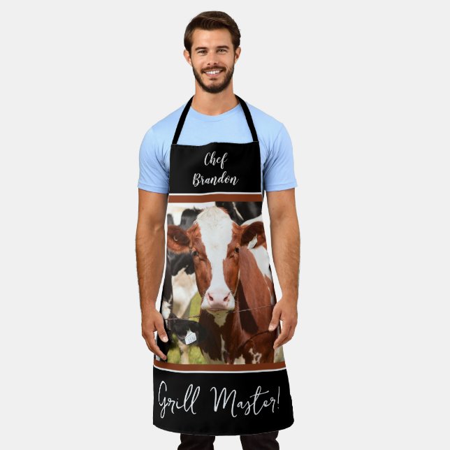 Personalised Red, White Holstein Grill Master Apron (Worn)