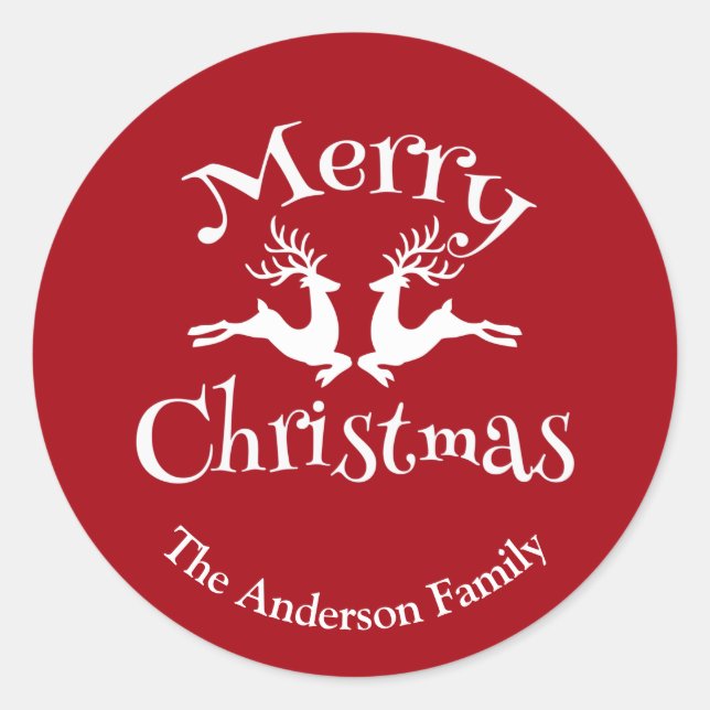Personalised Red White Merry Christmas Reindeer Classic Round Sticker (Front)