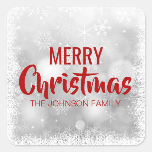 Personalised RED White MERRY CHRISTMAS Snowflakes Square Sticker