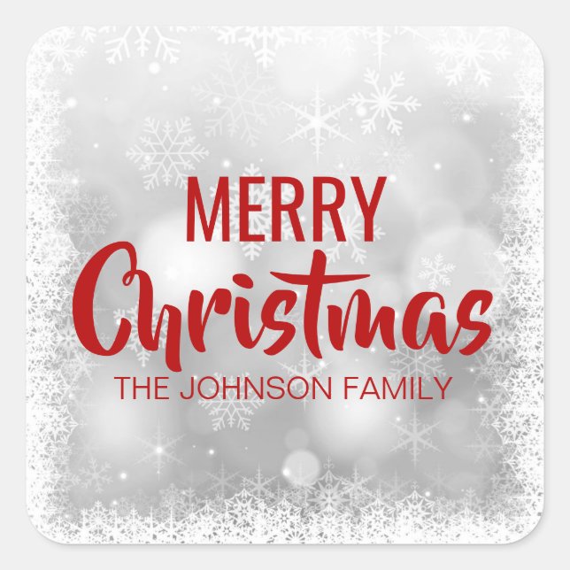 Personalised RED White MERRY CHRISTMAS Snowflakes Square Sticker (Front)