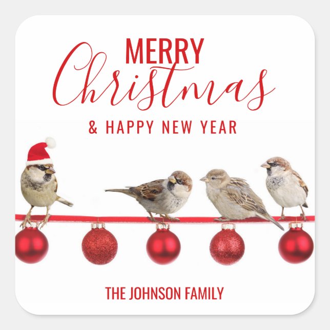 Personalised RED White MERRY CHRISTMAS Sparrows Square Sticker (Front)