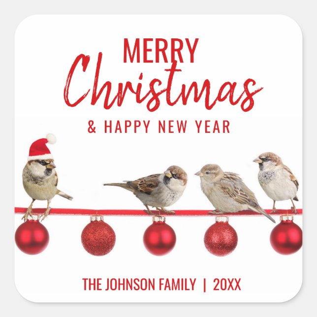 Personalised RED White MERRY CHRISTMAS Sparrows Square Sticker (Front)