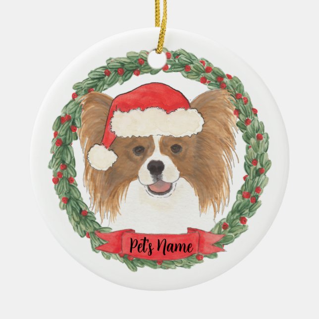 Personalised Red & White Papillon Christmas Ceramic Tree Decoration (Front)