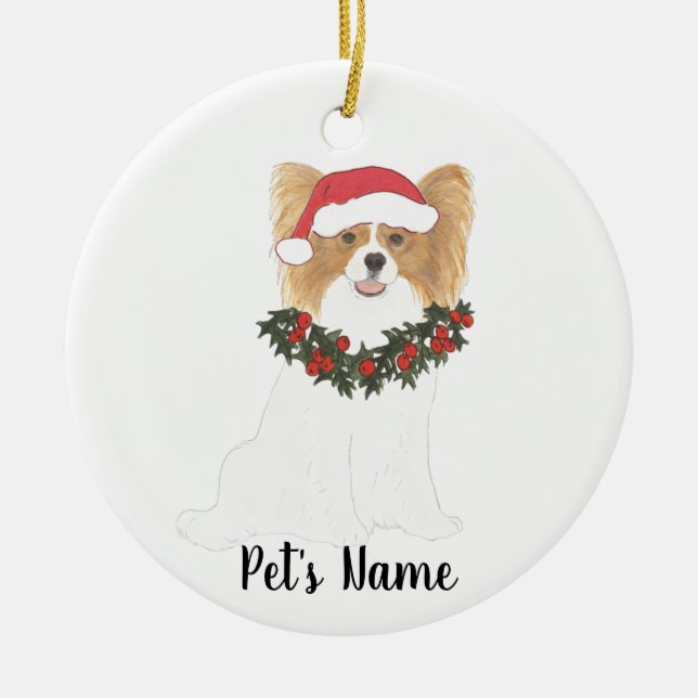 Personalised Red & White Papillon Christmas Ceramic Tree Decoration (Front)