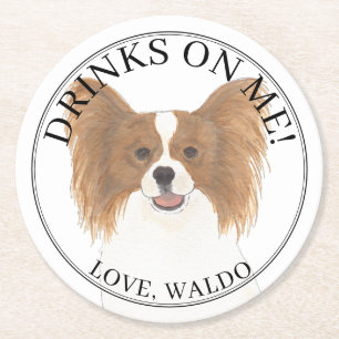 Personalised Red & White Papillon Dog Wedding Round Paper Coaster