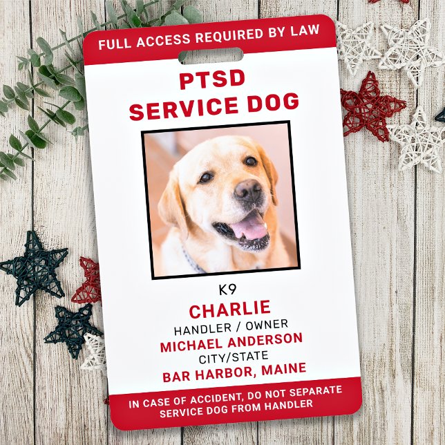 Personalised Red White PTSD Service Dog Photo ID ID Badge (Creator Uploaded)