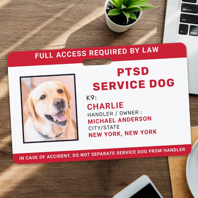 Personalised Red White PTSD Service Dog Photo ID ID Badge (Creator Uploaded)