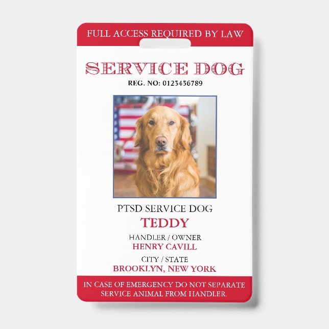 Personalised Red White Service Dog Photo ID Badge (Front)