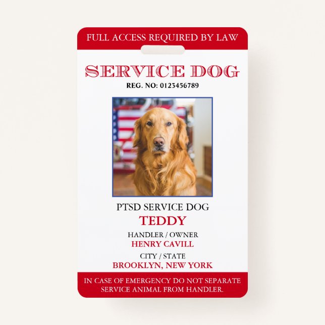 Personalised Red White Service Dog Photo ID Badge (Front)