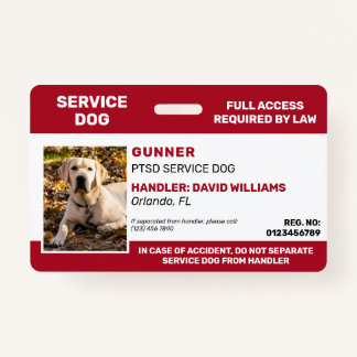 Personalised Red White Service Dog Photo ID Badge