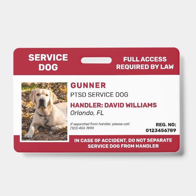 Personalised Red White Service Dog Photo ID Badge (Front)