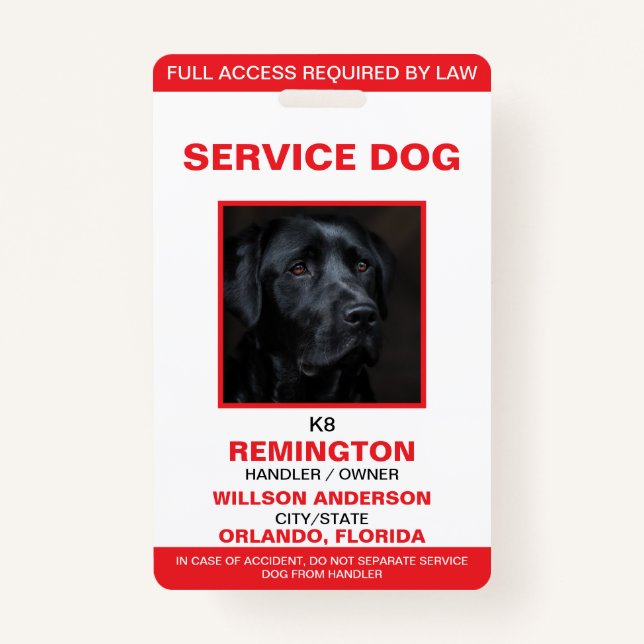 Personalised Red White Service Dog Photo ID ID Badge (Front)