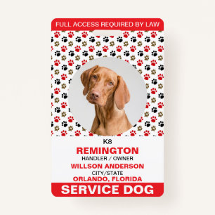 Personalised Red White Service Dog Photo ID ID Badge