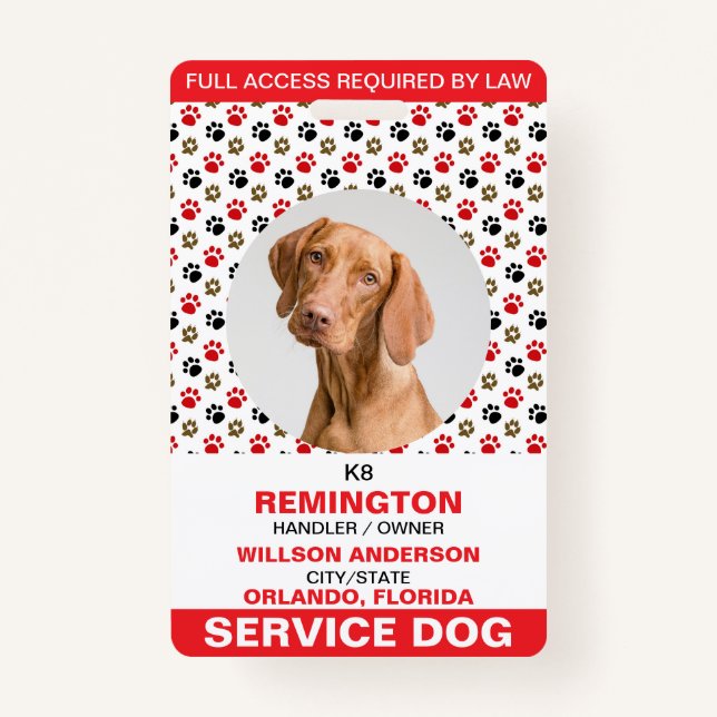 Personalised Red White Service Dog Photo ID ID Badge (Front)