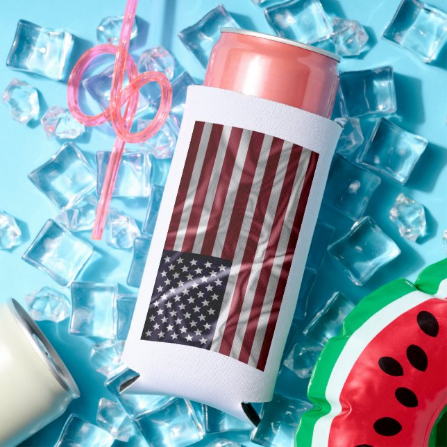 Personalised Red White Stripes Starry Blue US Flag Seltzer Can Cooler (In Situ Summer)