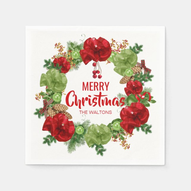 Personalised RED White Wreath Merry Christmas Napkin (Front)