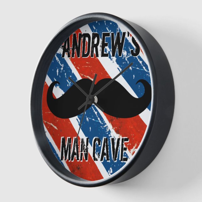 Personalised Red Whte and Blue Moustache Man Cave Clock (Angle)