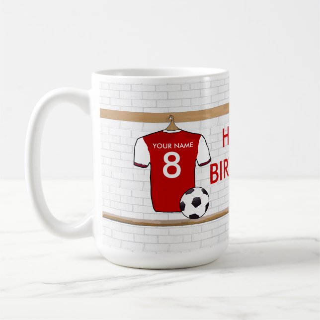Personalised Red with White Football Soccer Jersey Coffee Mug (Left)