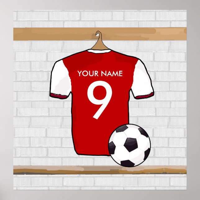 Personalised Red with White Football Soccer Jersey Poster (Front)