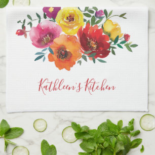 Personalised Red Yellow Pink Watercolor Floral  Tea Towel