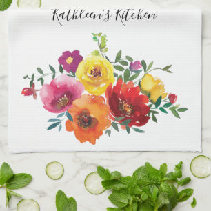 Personalised Red Yellow Pink Watercolor Floral Tea Towel