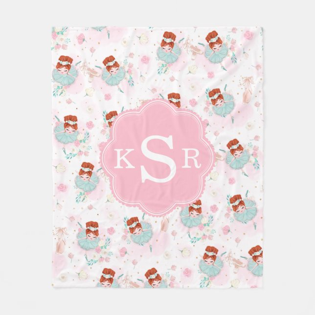 Personalised Redhead Ballerina Pink Floral Fleece Blanket (Front)