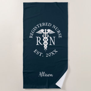 Personalised Registered Nurse Blue White Caduceus Beach Towel