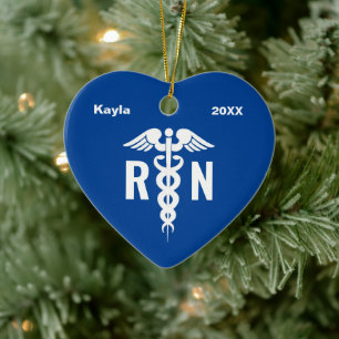 Personalised Registered Nurse Caduceus Blue Heart Ceramic Tree Decoration