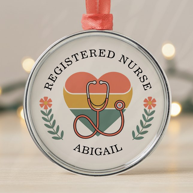 Personalised Registered Nurse Retro Heart Metal Tree Decoration (Creator Uploaded)