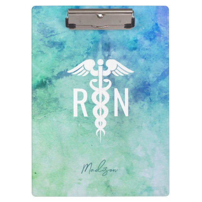 Personalised Registered RN Teal Blue Watercolor Clipboard (Front)