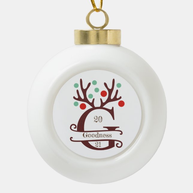 Personalised Reindeer Antlers Family Name "G" Ceramic Ball Christmas Ornament (Front)