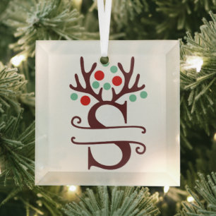 Personalised Reindeer Antlers Name "S"   Glass Tree Decoration
