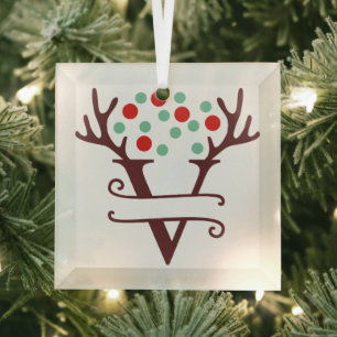Personalised Reindeer Antlers Name "V" Glass Tree Decoration