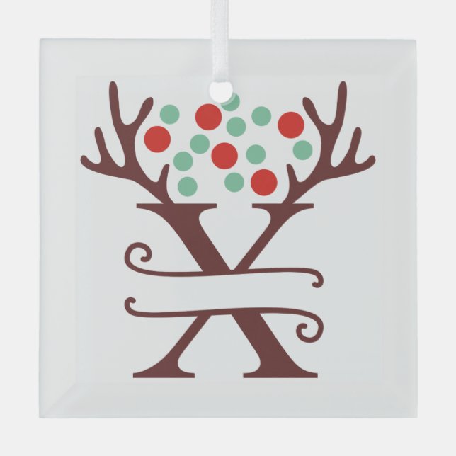 Personalised Reindeer Antlers Name "X" Glass Tree Decoration (Front)