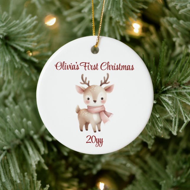 Personalised Reindeer Baby Girl First Christmas Ceramic Tree Decoration (Tree)