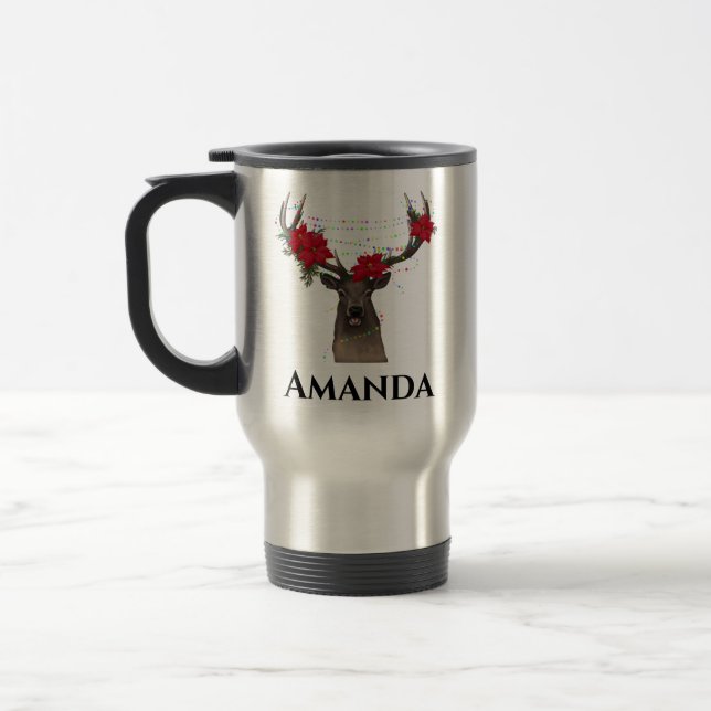 Personalised reindeer- christmas light  travel mug (Left)