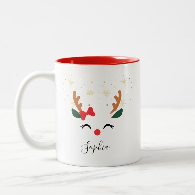 Personalised Reindeer Face Christmas Mug with Bow  (Left)