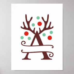 Personalised Reindeer Letter A Split Monogram Poster
