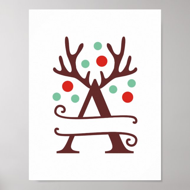 Personalised Reindeer Letter A Split Monogram Poster (Front)
