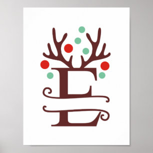 Personalised Reindeer Letter E Split Monogram  Poster
