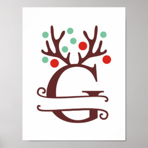 Personalised Reindeer Letter G Split Monogram Poster