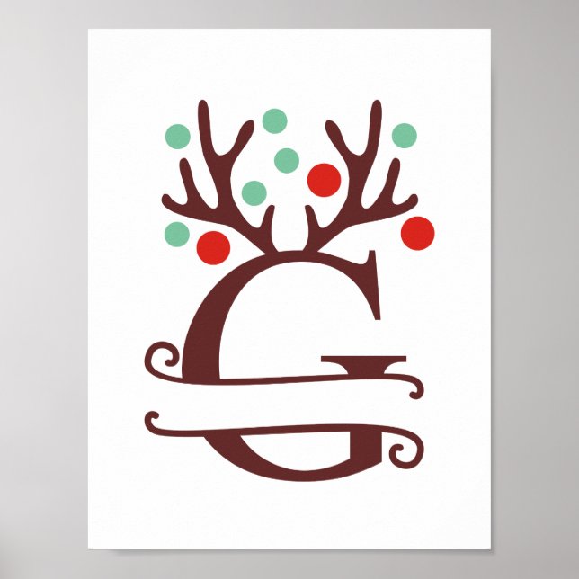 Personalised Reindeer Letter G Split Monogram Poster (Front)