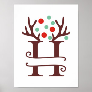 Personalised Reindeer Letter H Split Monogram Poster