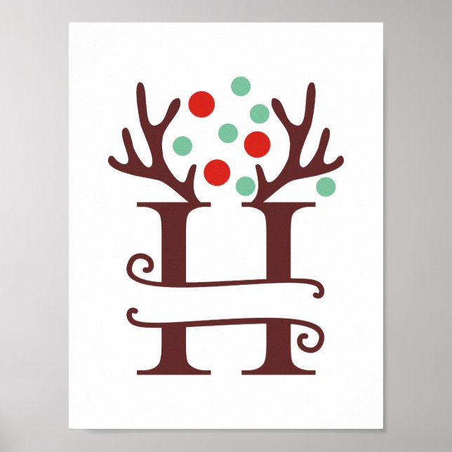 Personalised Reindeer Letter H Split Monogram Poster (Front)