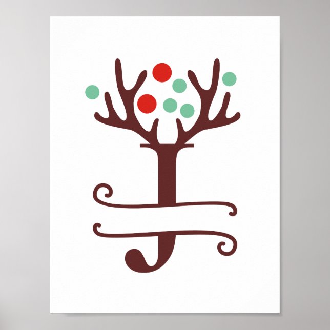 Personalised Reindeer Letter J Split Monogram Poster (Front)