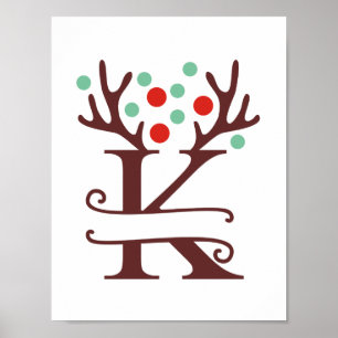 Personalised Reindeer Letter K Split Monogram  Poster