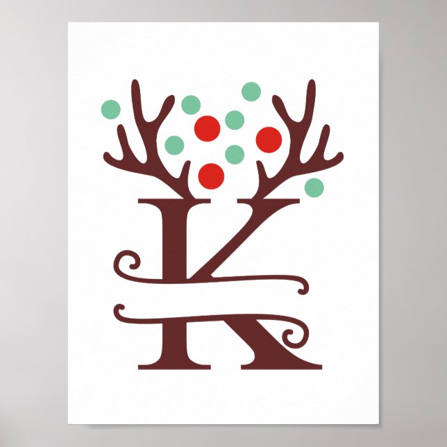 Personalised Reindeer Letter K Split Monogram  Poster (Front)